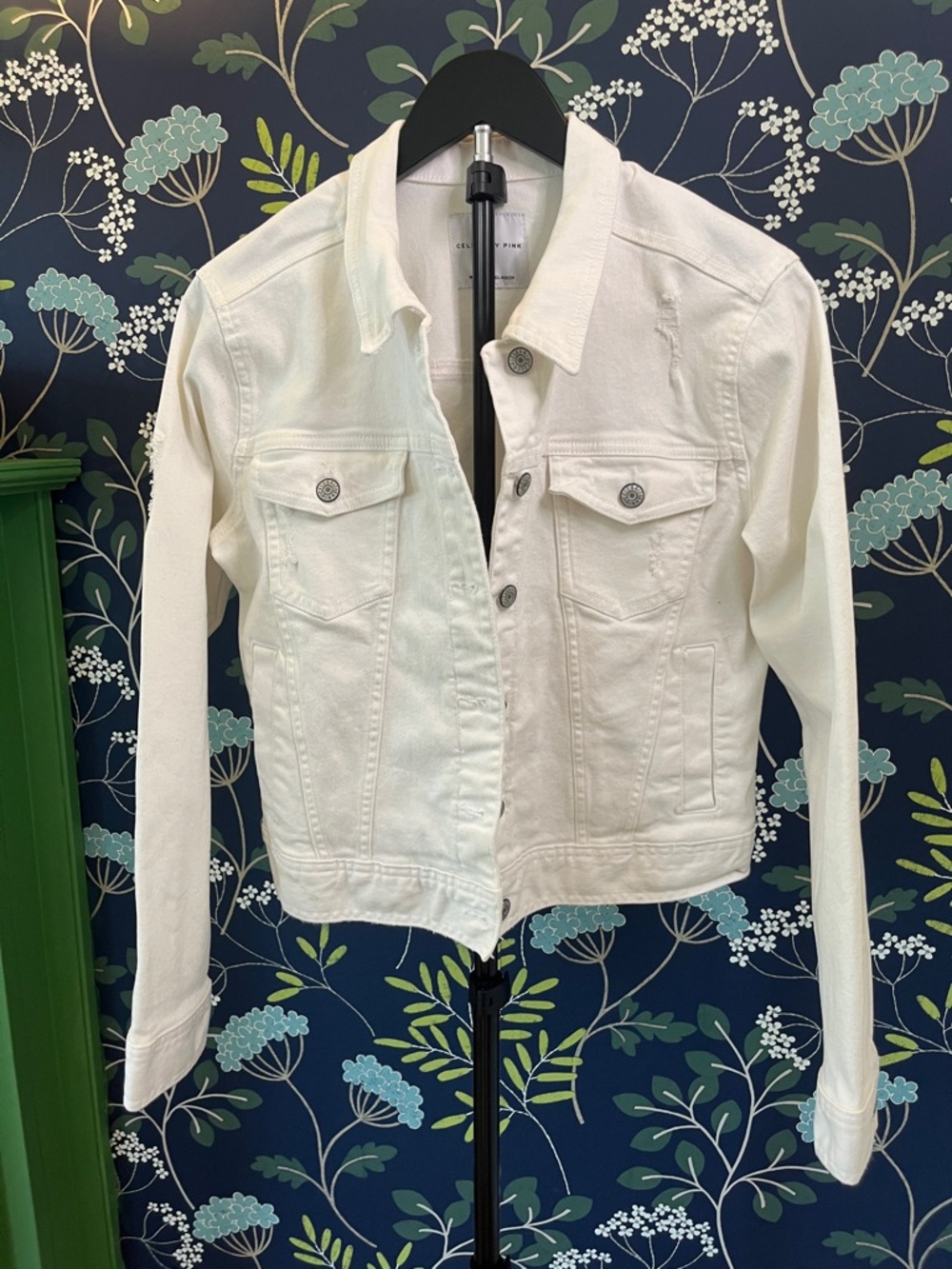 Celebrity Pink White Denim Jacket Distressed Cropped Jean Jacket Size L